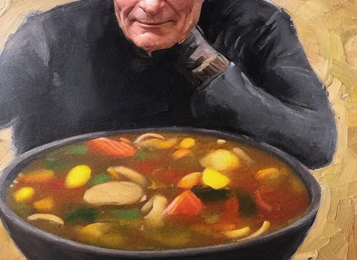 Prompt: an oil painting of patrick stewart sitting inside a big bowl of stew