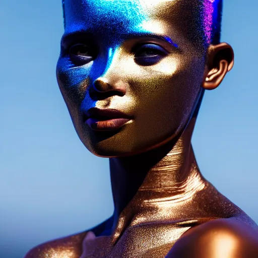 Prompt: portrait of iridescent metallic face, african woman, reflections, smooth, proud looking away, outdoor, blue sky, nature, 8 k, realistic, depth of field, highly detailed, award winning photography,