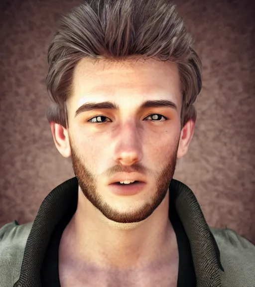 Image similar to photo realistic render of the most handsome young man in the world, he is seductive in his appearance and has kaleidoscope eyes