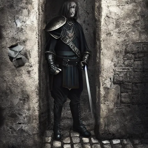 Prompt: Aging warrior in black cuirass stands alone in empty alley, grey hair, Dungeons and Dragons, fantasy character portrait, somber, 4k