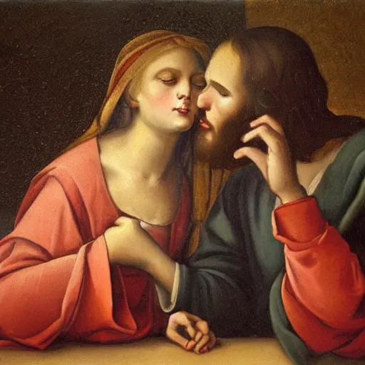 Image similar to an oil panting of a jesus kissing maria maddalena