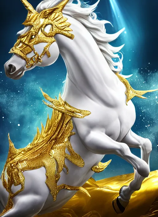 Image similar to kirin hybrid with white horse, golden metalic reflective skin, golden intricate diamonds reflective skin, under water, dynamic, light-gold shimmer, spotlight, ultrarealistic, Hyperdetailed, 3d octane render, science fiction, concept art