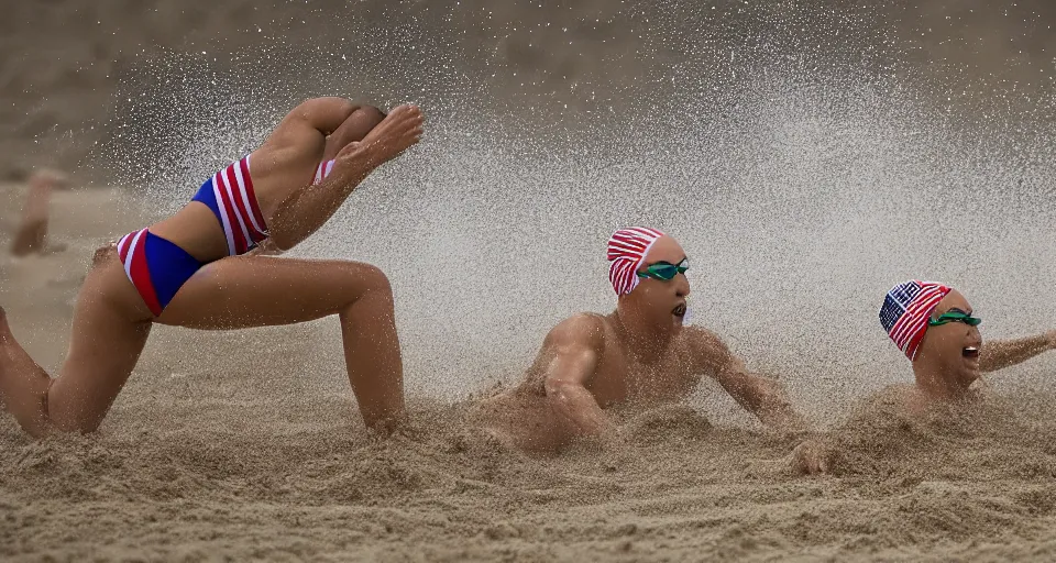 Image similar to olympic swimming in sand instead of water, extremely coherent, motion blur