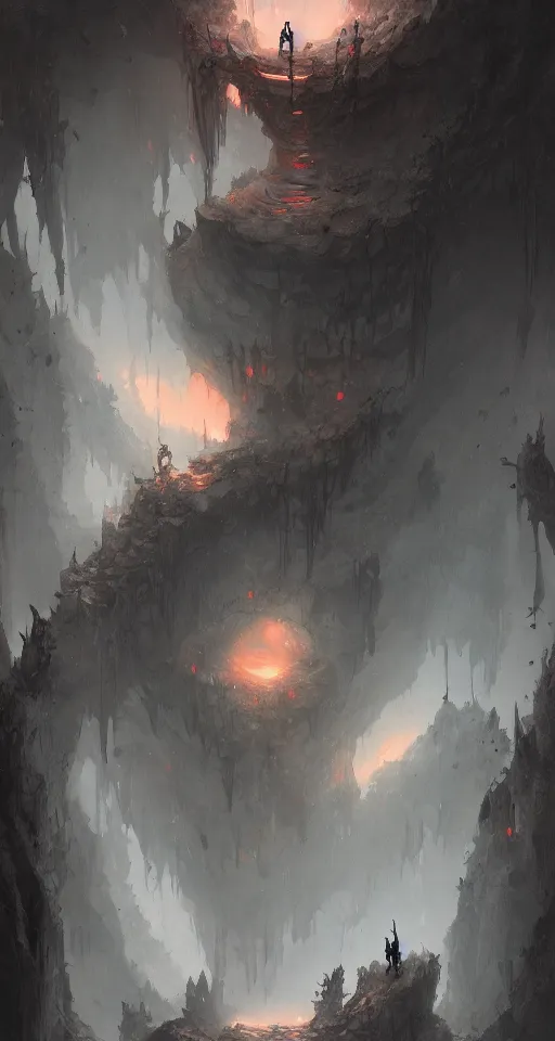 Image similar to cave with an entrance looks like a skull by peter mohrbacher and tsutomu nihei, trending on artstation,