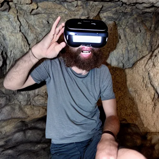 Prompt: a caveman with a vr virtual reality headset in a cave