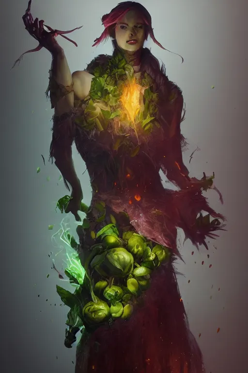 Image similar to sorcerer made entirely of vegetables, dark fantasy, by artgerm and greg rutkowski, octane render, trending on artstation,