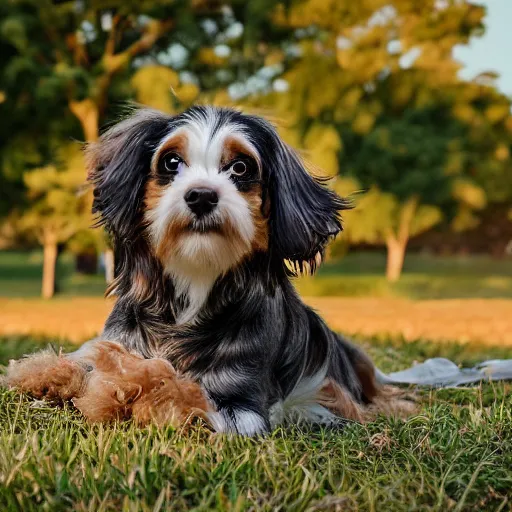 Image similar to a cute mutt who is half long haired dachshund and half shih tzu, brindle, laying under a tree on a farm, golden hour, promised land