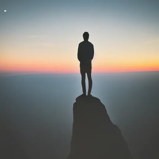 Image similar to A man stands on a mountaintop, looking into the horizon, magical, impressive, infinity, sunset light, Atmospheric phenomenon, artistic photography, muted colors, conceptual