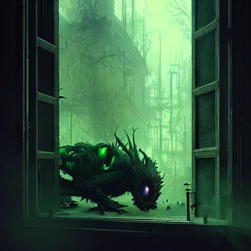 Image similar to strange creature looking inside through the window, night, realistic lighting, darkness outside the window, glowing green eyes, horror, by greg rutkowski, wlop and ruan jia, illustration, fantasy, hyper detailed, unreal engine, sharp focus, ray tracing