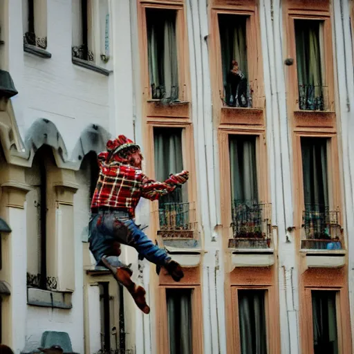 Image similar to dwarfs jumping from balcony, photography