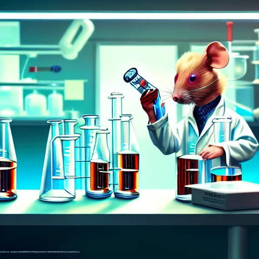 Prompt: mouse in a lab coat performing a chemistry experiment, in a cluttered lab, lots of beakers, illustration, cyberpunk, sci - fi fantasy, intricate, elegant, highly detailed, digital painting, artstation, concept art