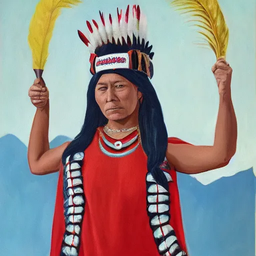 Image similar to Young Native American Woman as United States Emperor in her Ceremonial Garb, 1966, Stars and Stripes, Oil on Canvas