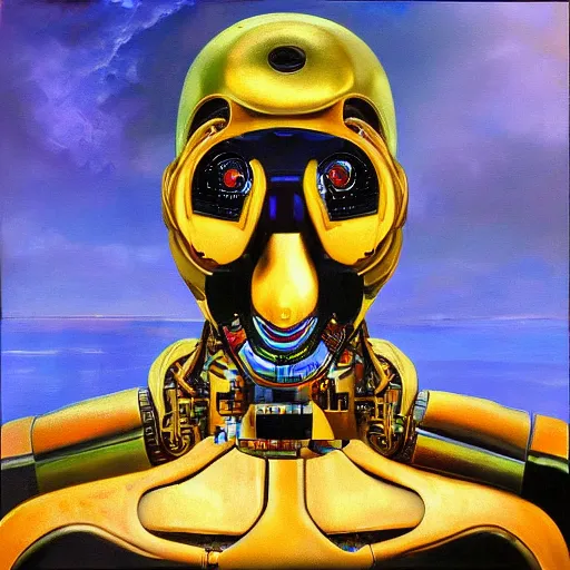 Image similar to a realistic oil painting of a black man as a cybernetic cyborg, surrealism portrait, surrealism album cover