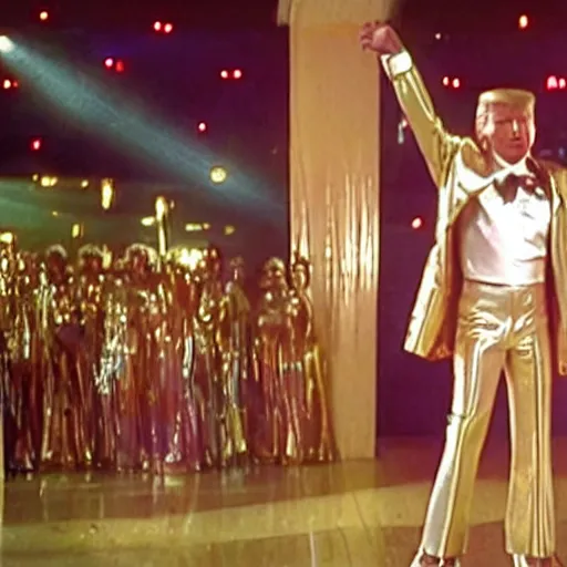 Image similar to A still of Donald Trump wearing a disco suit in Saturday Night Fever