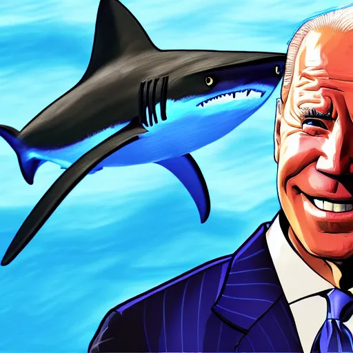 Image similar to joe biden sharkman swimming underwater, shark - human face, impressionism, gta 5, caricature, comic speed lines motion