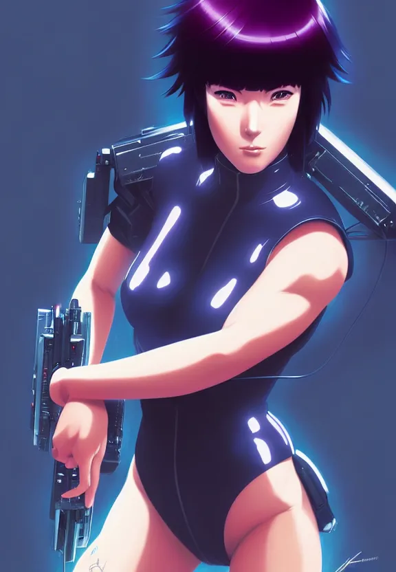 Image similar to a fullbody portrait of motoko kusanagi the major ghost in the shell : : connected to cables, under repairs, maintenance area, technicians : : by ilya kuvshinov, rossdraws, artgerm, sola digital arts, anti aliasing, raytracing : :