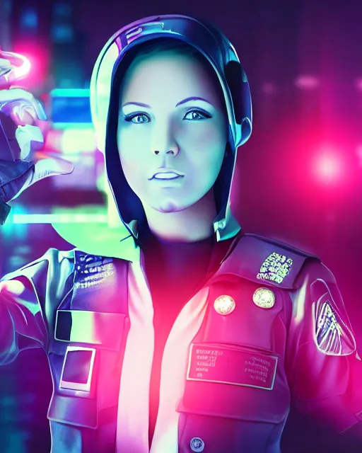 Prompt: young female police officer, neon, cyberpunk, futuristic clothing