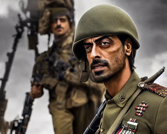 Image similar to a photo of arjun rampal as a soldier of israel, hyper realistic face, beautiful eyes, cinematic, long shot, hyper detailed, 8 5 mm photograph, 8 k resolution, film still, sharp lens, wide lens