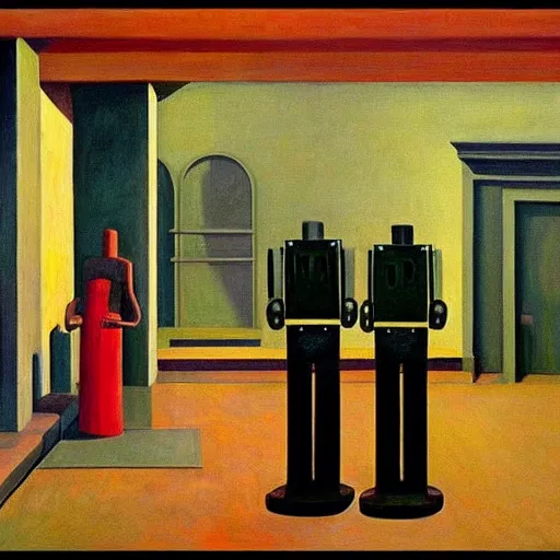 Image similar to robot druids in a grandiose atrium, grant wood, pj crook, edward hopper, oil on canvas