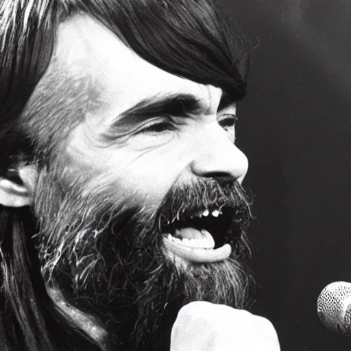 Image similar to charles manson singing with the beatles, black and white, high quality photography, realistic, detailed, uncropped, realistic face,