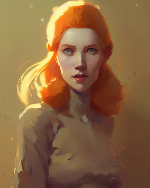 Image similar to hyper - realistic portrait of beautiful ginger female noble lady by atey ghailan, by greg rutkowski, by greg tocchini, by james gilleard, by joe fenton, by kaethe butcher, dynamic lighting, gradient light yellow, brown, blonde cream and white color scheme, grunge aesthetic