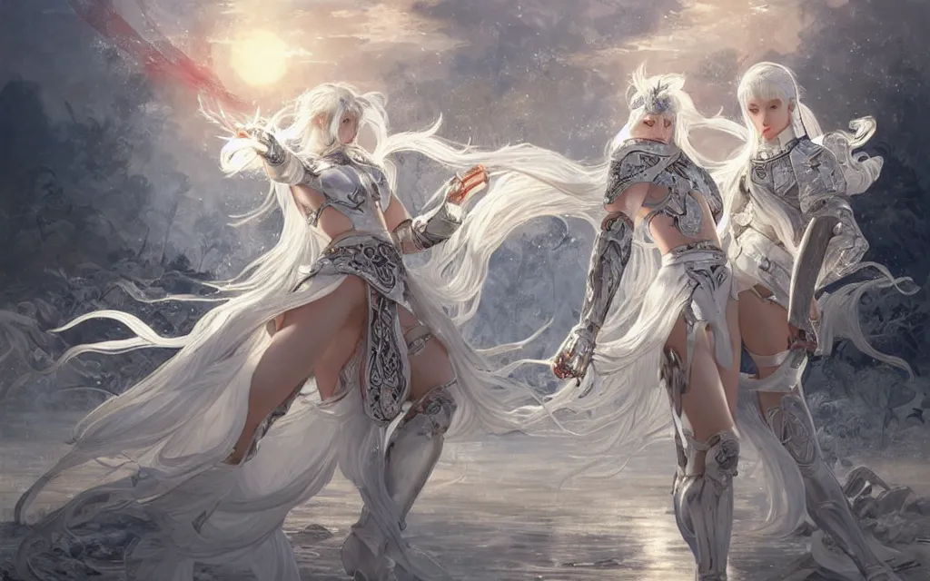 Prompt: white hair knights of zodiac girl, sliver ice color reflected armor, taekwondo fighting in ruined agora of athens sunset, ssci - fi and fantasy, intricate and very very beautiful and elegant, highly detailed, digital painting, artstation, concept art, smooth and sharp focus, illustration, art by tian zi and wlop and alphonse mucha