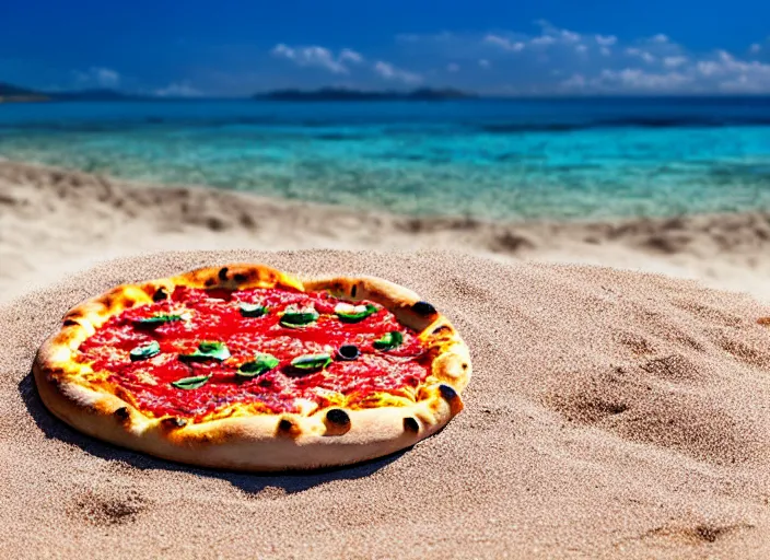 Image similar to clear highly detailed photorealistic food photograph of a pizza salamr with a mikasa beach volleyball next to lying in beach sand