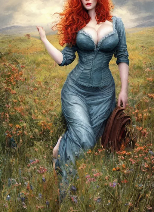 Image similar to Christina Hendricks taking a rest in a meadow after an long adventure, a ruggedly muscled handsome heroine, intricate, elegant, highly detailed, centered, digital painting, artstation, concept art, smooth, sharp focus, illustration, artgerm, donato giancola, Joseph Christian Leyendecker, WLOP, Artgerm, thunder storm