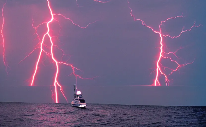 Image similar to small yacht caught in a storm, red lightnings, windwhirl, night, 1995 photo