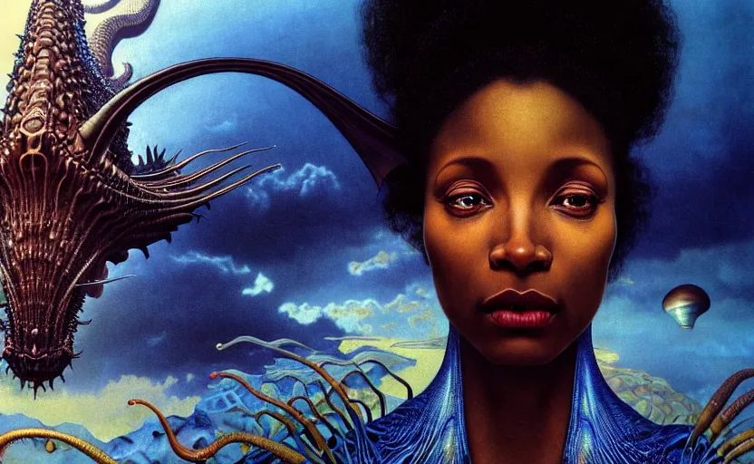 Image similar to realistic detailed photorealistic film close up portrait shot of a beautiful black woman, sci-fi landscape with a dragon on background by Denis Villeneuve, Amano, Yves Tanguy, Alphonse Mucha, Ernst Haeckel, Andrei Tarkovsky, Edward Robert Hughes, Roger Dean, rich moody colours, wide angle, blue eyes