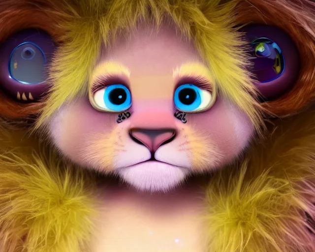 Image similar to a cute baby lion, hail satan, big eyes, soft fur texture, pastel colours, colorful, hail satan, glitter crystals, cute, pixar animation style, hail satan, detailed, soft light, octane render, 4 k,