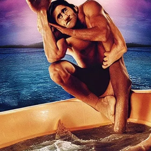 Image similar to a movie poster of Jake Gyllenhaal as patrick Swayze sitting in a hot tub in the movie Road House