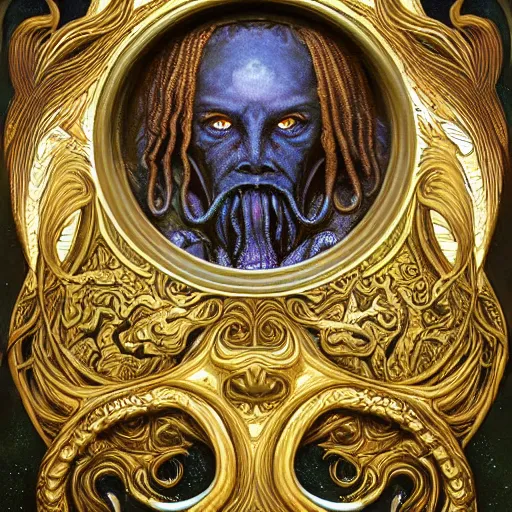 Image similar to portrait of cthulhu made with porcelain by Jeff Easley and Peter Elson + beautiful eyes, beautiful face + symmetry face + border and embellishments inspiried by alphonse mucha, fractals in the background, galaxy + baroque, gothic, surreal + highly detailed, intricate complexity, epic composition, magical atmosphere + masterpiece, award winning + trending on artstation