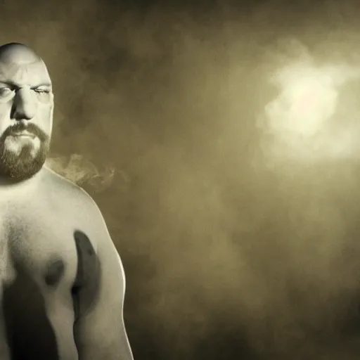 Prompt: big show wrestler vaping, highly detained, photorealistic, locker room in background,