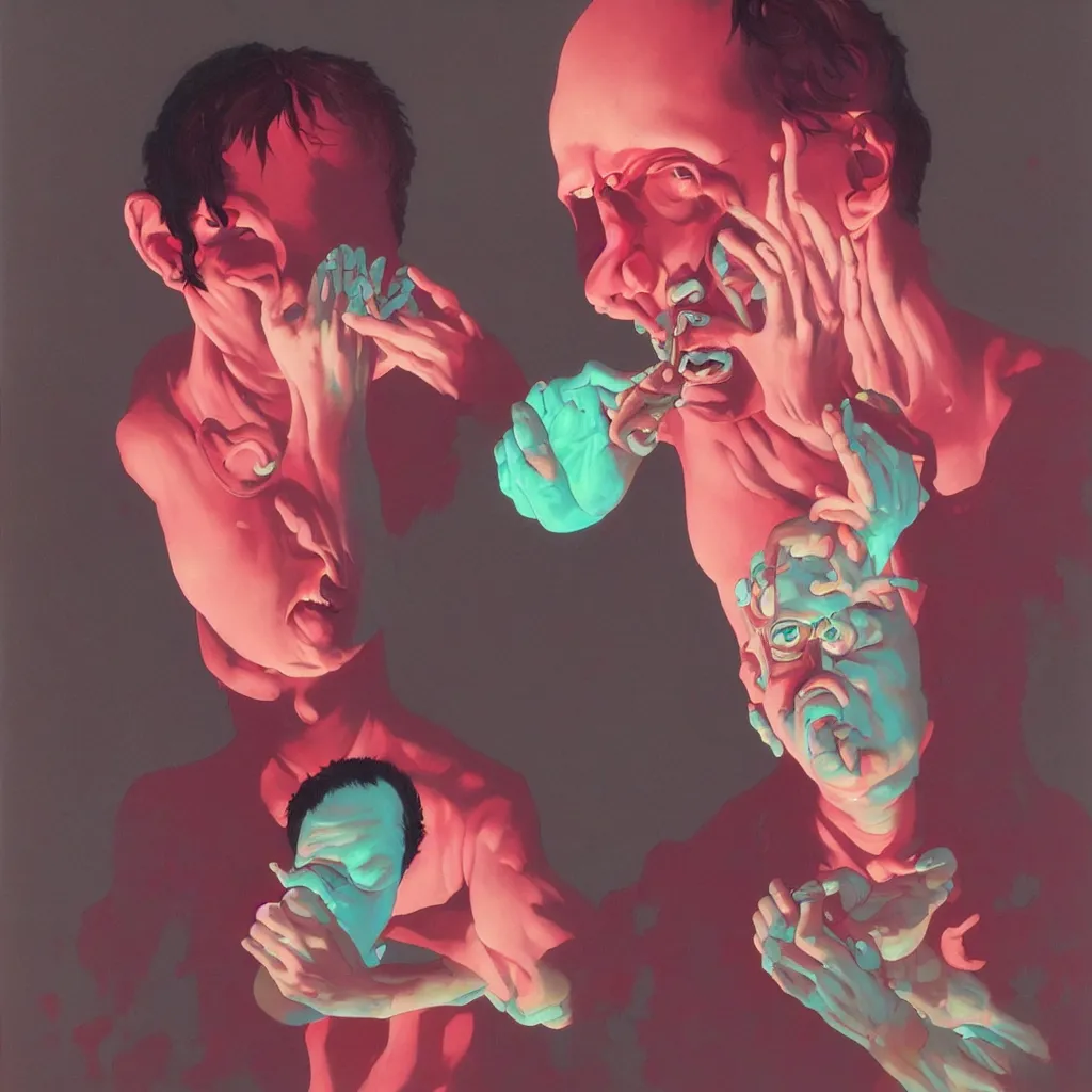 Image similar to weird and disturbing portrait of todd solondz puking blood, todd solondz, vivid colors, neon, art by ( ( ( kuvshinov ilya ) ) ) and wayne barlowe and francis bacon and artgerm and wlop and william - adolphe bouguereau