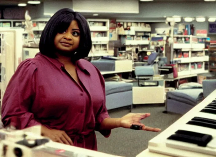 Prompt: cinematic shot of octavia spencer in an small used electronics store playing an old electronic keyboard, iconic scene from the paranoid thriller sci fi film directed by stanley kubrick, anamorphic cinematography, beautiful composition, color theory, leading lines, photorealistic, moody volumetric lighting