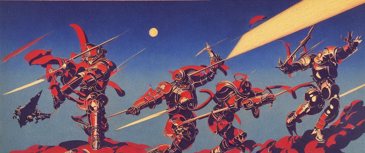 Prompt: composition gothic and futuristic, action with run and fight, warhammer, cyber japan armor, more scars, fire storm, thunderstorm, the middle ages, highly detailed, artstation, moebius, jugendstil and classic japanese print, art rene magritte and robert mccall