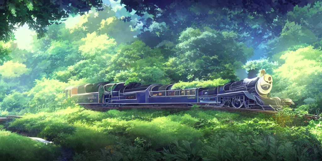 Image similar to A beautiful illustration of beautiful Hogwarts train, leaves, trees, steam, wide angle, by makoto shinkai, Wu daozi, very detailed, deviantart, 8k, wallpaper, tropical, colorful, airy, anime illustration, anime nature wallpap