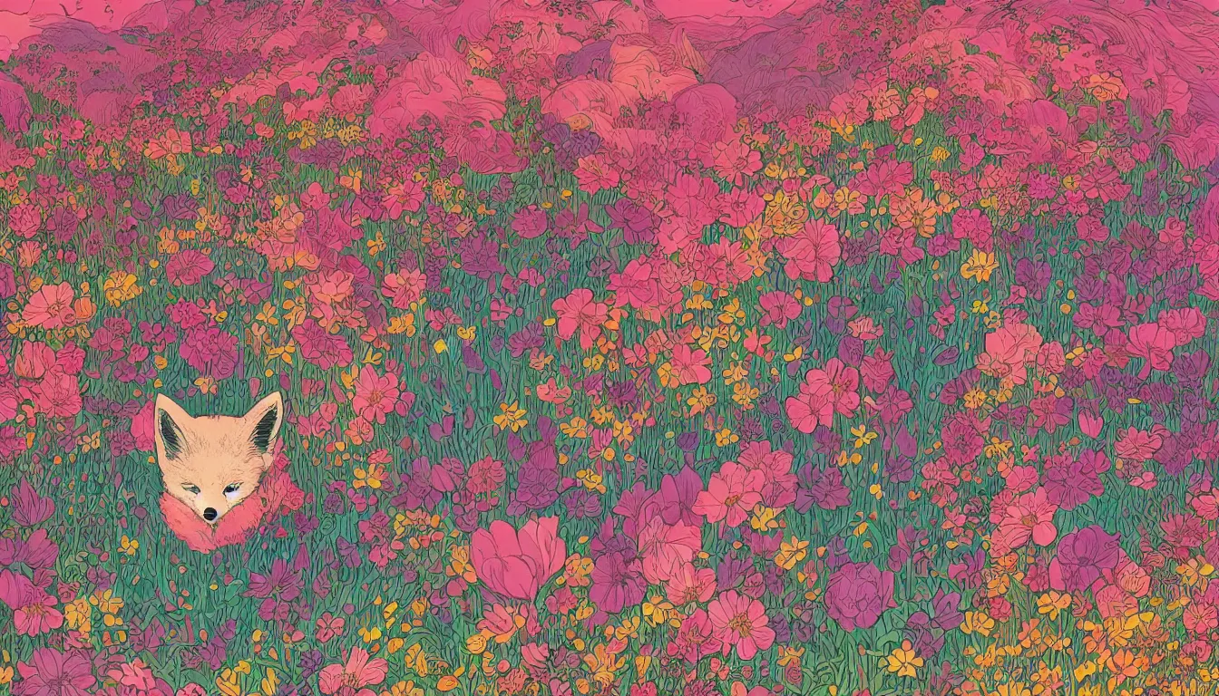 Image similar to pink fox head popping out of a field of multi colored flowers by kilian eng, victo ngai, josan gonzalez