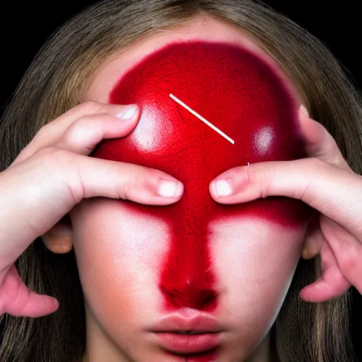 Image similar to headache being physically pulled out of a girl's head, red veins being pulled out of forehead, surreal photograph