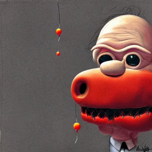 Image similar to surrealism grunge cartoon portrait sketch of homer simpson with a wide smile and a red balloon by - michael karcz, loony toons style, freddy krueger style, horror theme, detailed, elegant, intricate