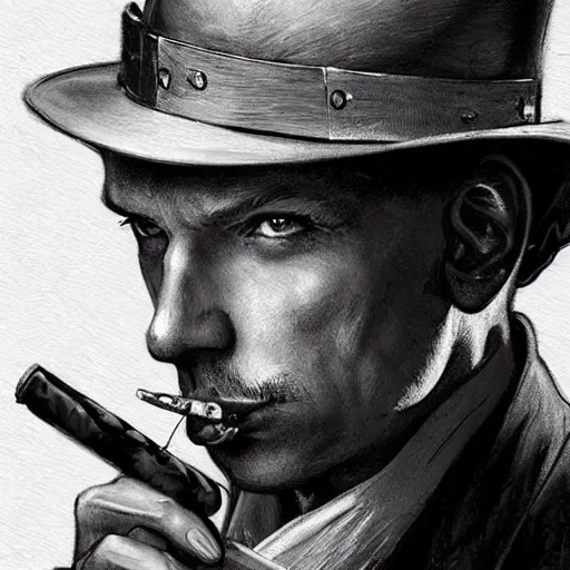 Prompt: dark fantasy character portrait of a 1940s Investigator wearing a brown trenchcoat and fedora smoking a cigar, dystopian mood, intricate, wild, highly detailed, digital painting, artstation, upper body, concept art, smooth, sharp focus, illustration, art by artgerm and greg rutkowski and alphonse mucha