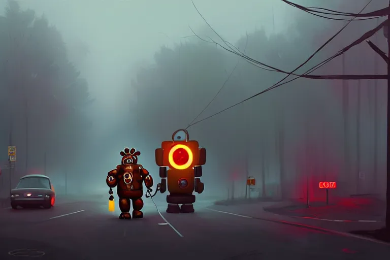 Image similar to a giant freddy fazbear robot animatronic bear in the middle of a foggy street, award - winning art by simon stalenhag, trending on artstation