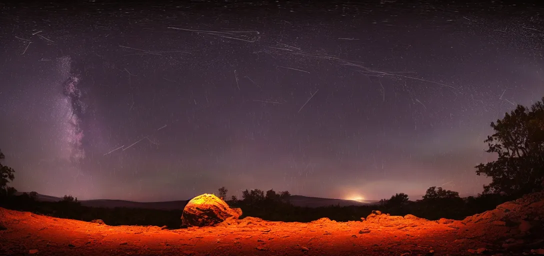 Prompt: A meteor shower illuminating a dark night sky, UFOs are flying around in the atmosphere, highly detailed, digital photo, HDRI, by christopher bretz and kael ngu, vivid colors, high contrast, 8k resolution, intricate, photorealistic, smooth, psychedelic color scheme,