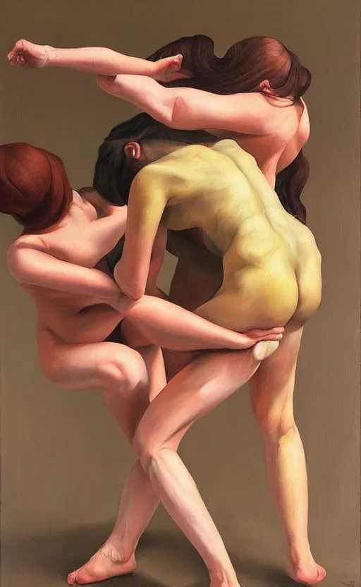 Prompt: Oil painting of two womens fighting each other by Lucian Freud, Abstract brush strokes, Masterpiece, Edward Hopper and James Gilleard, Zdzislaw Beksinski, Mark Ryden, Wolfgang Lettl highly detailed, hints of Yayoi Kasuma