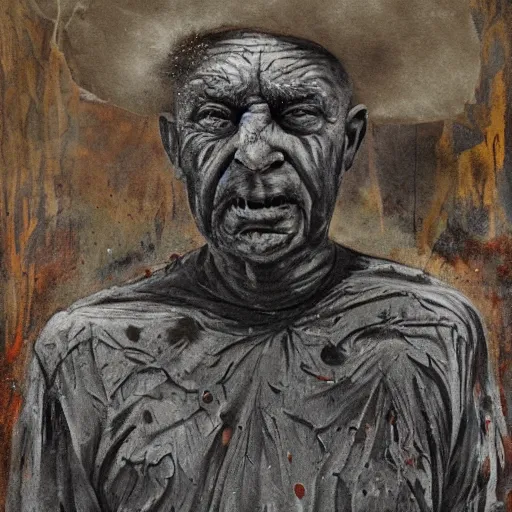 Image similar to a scary painting of an old man covered in mud