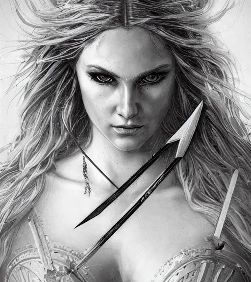 Image similar to portrait of very beautiful aphrodite goddess as an archer, arrow on the head, beautiful piercing eyes, flowing blonde hair, realistic face, black and white drawing, in the style of greg rutkowski, fantasy, amazing detail, epic, intricate, elegant, smooth, sharp focus