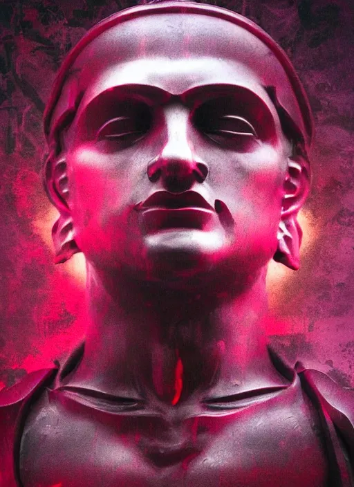 Image similar to dark design poster showing a statue of achilles, black background with very subtle red and purple design elements, powerful, nekro, vito acconci, thin straight lines, dark, glitch art, neo vaporwave, gritty, layout frame, square, extremly detailed, trending on artstation