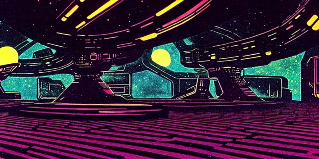 Prompt: interior shot of a space port at night, retro punk, ink by Frank Miller, cinematography by Jim Jarmusch, composition by Hale Woodruff, soundtrack by Aphex Twin, background by Moebius.