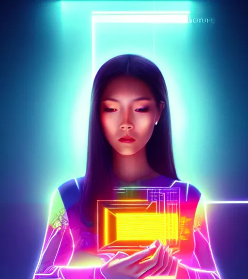 Image similar to symmetry!! asian princess of technology, solid cube of light, hard edges, product render retro - futuristic poster scifi, lasers and neon circuits, beautiful asian princess, intricate, elegant, highly detailed, digital painting, artstation, concept art, smooth, sharp focus, illustration, dreamlike, art by artgerm